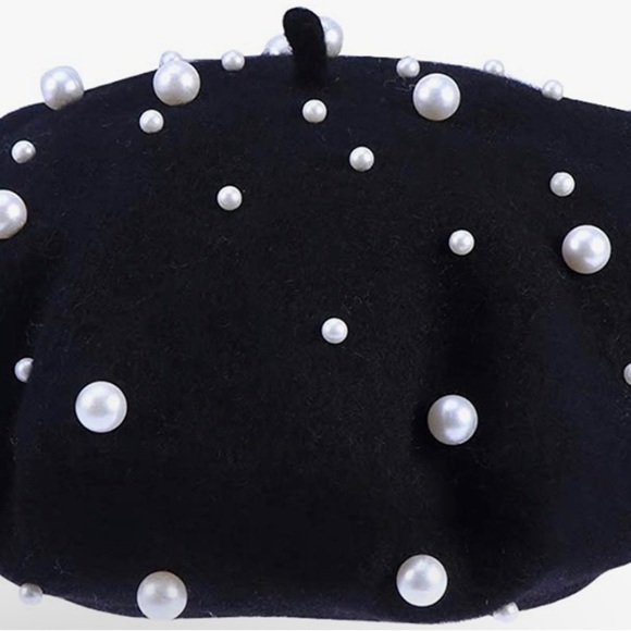 Cashmere Beret (Beaded) in Ivory or Black with White Simulated Pearls main image 12